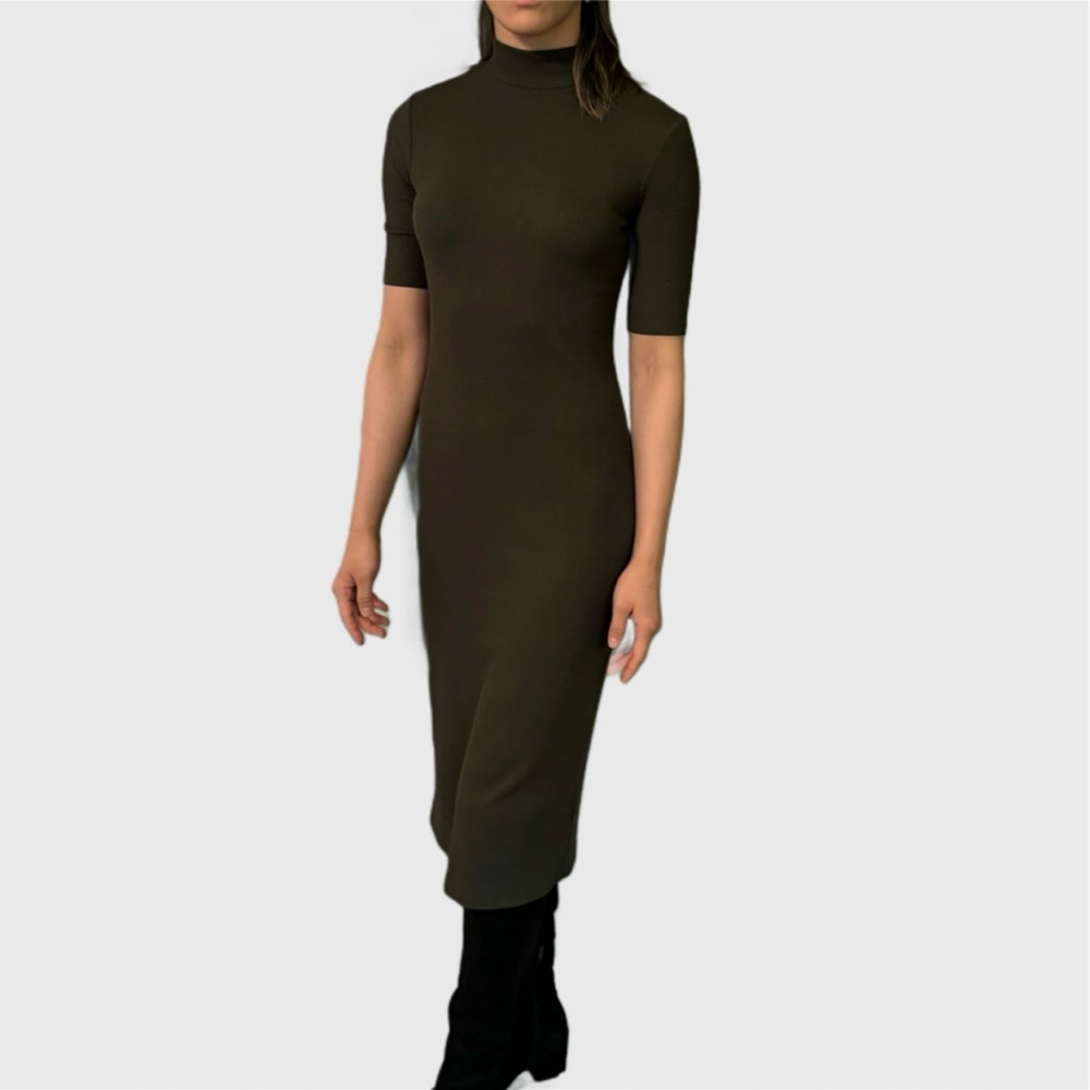 Classy Olive Green Turtleneck Midi Dress